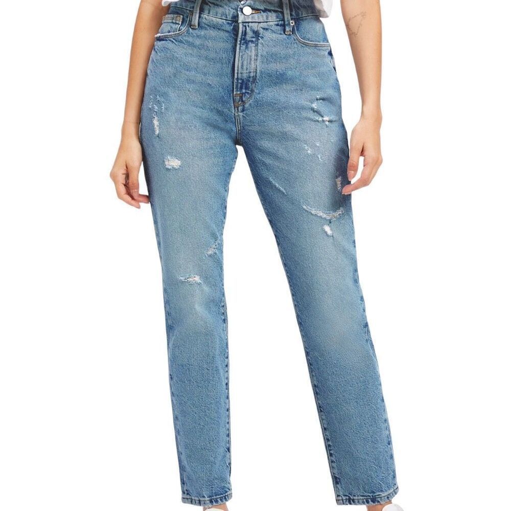 Good American Good Classic Distressed Straight Leg Jeans Indigo Light Wash 8
